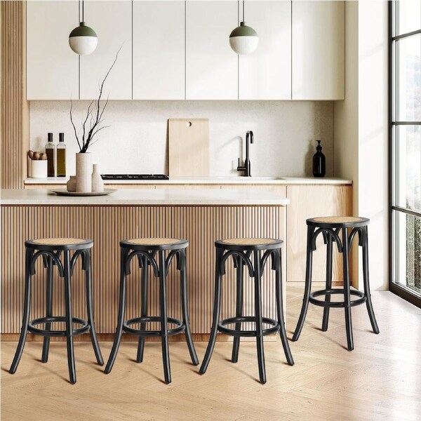 Oikiture 2/4x Bar Stools Kitchen Vintage Dining Chair Rattan Seat 4X Black