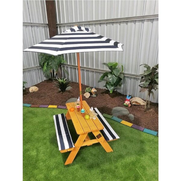 Picnic Table - Umbrella & Cushions Blue & White