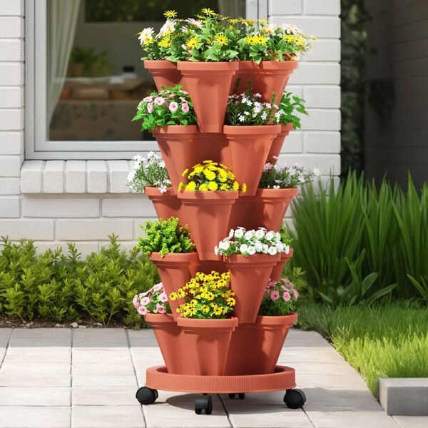 Green Fingers Garden Bed 5 Tier Vertical Garden Strawberry Stackable Planters Herbs Petunias White Dark Green Brick Red