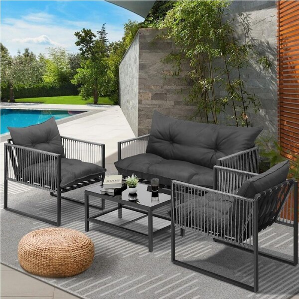 Livsip 4 Seater Outdoor Furniture Setting Garden Patio Lounge Sofa Grey Rattan-KUDA