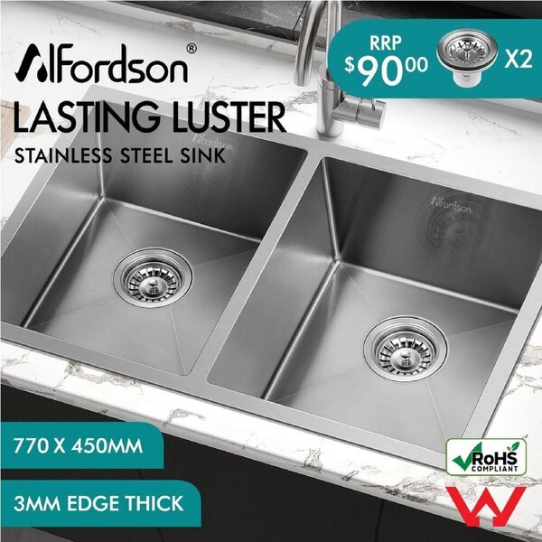 ALFORDSON Kitchen Sink Basin Stainless Steel Top Under Mount Single Double Bowl Double A: 770x450mm - Silver