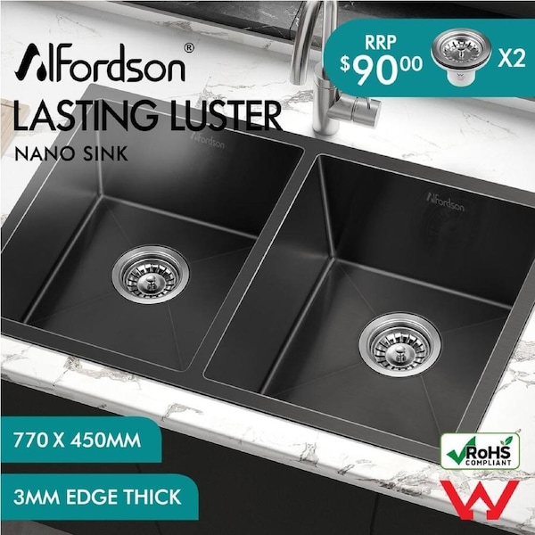ALFORDSON Kitchen Sink Basin Stainless Steel Top Under Mount Single Double Bowl Double A: 770x450mm - Nano Black
