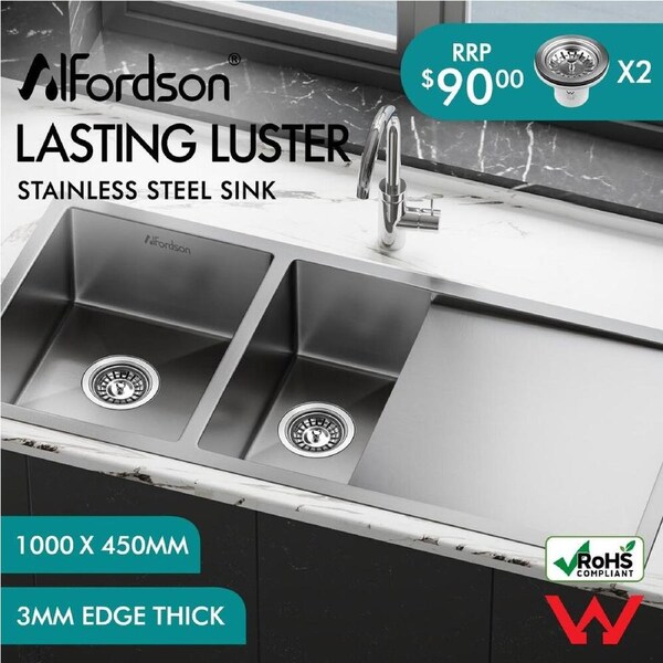 ALFORDSON Kitchen Sink Basin Stainless Steel Top Under Mount Single Double Bowl Double D: 1000x450mm - Silver