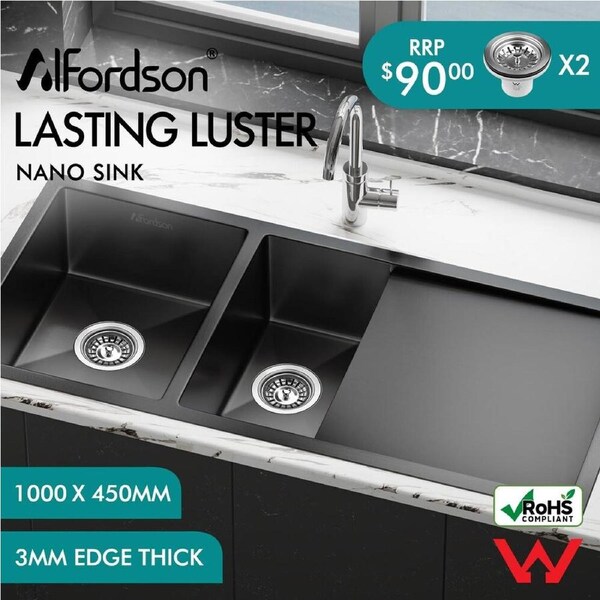 ALFORDSON Kitchen Sink Basin Stainless Steel Top Under Mount Single Double Bowl Double D: 1000x450mm - Nano Black