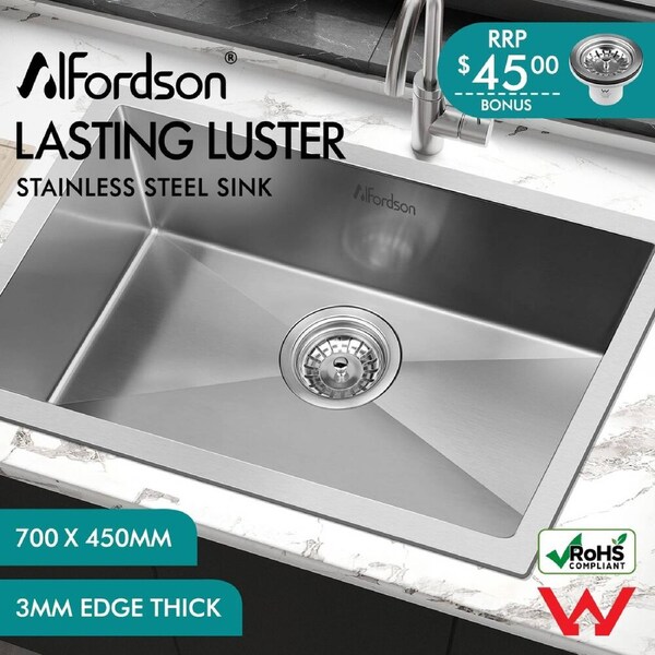 ALFORDSON Kitchen Sink Basin Stainless Steel Top Under Mount Single Double Bowl Single L: 700x450mm - Silver