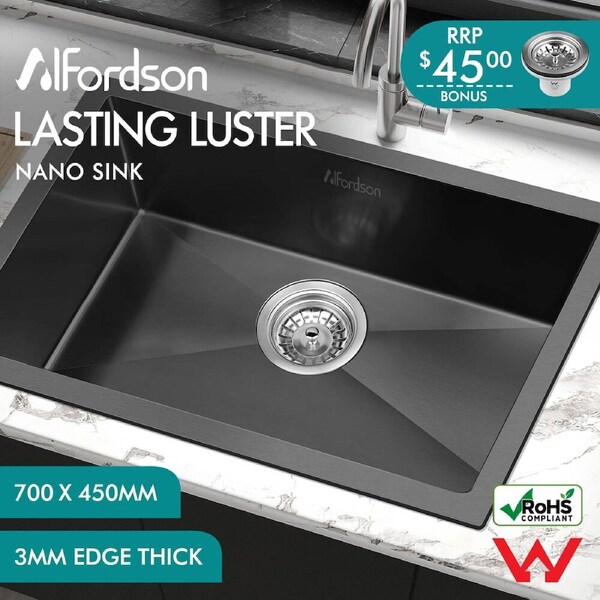 ALFORDSON Kitchen Sink Basin Stainless Steel Top Under Mount Single Double Bowl Single L: 700x450mm - Nano Black