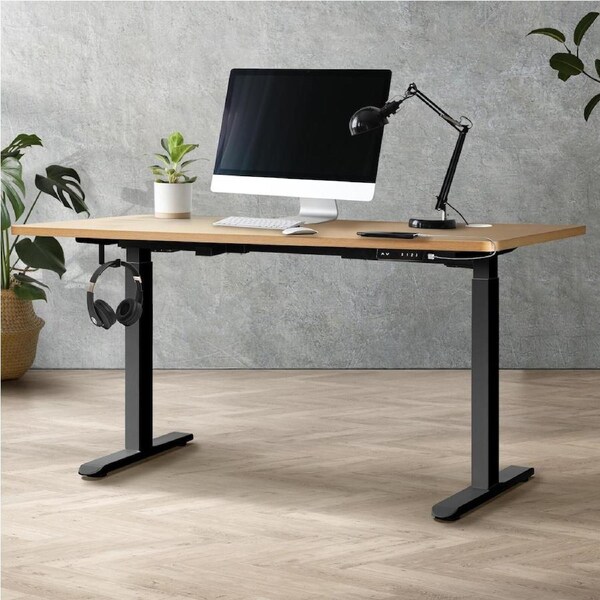 Oikiture 140cm Electric Standing Desk Dual Motor Motorised Sit Stand Desk Black and Oak
