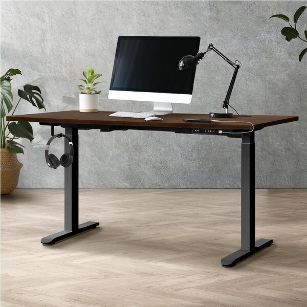 Oikiture 140cm Electric Standing Desk Dual Motor Motorised Sit Stand Desk Black and Walnut