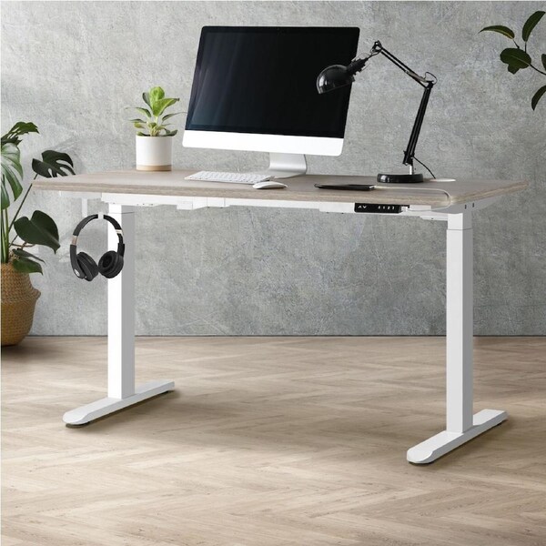 Oikiture 140cm Electric Standing Desk Dual Motor Motorised Sit Stand Desk White and Grey Oak