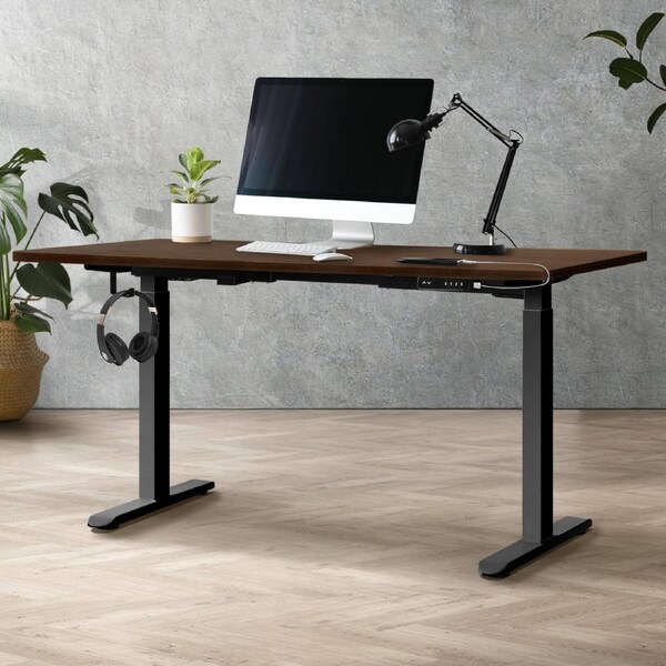 Oikiture 160CM Electric Standing Desk Dual Motor Adjustable Sit Stand Desk Black and Walnut