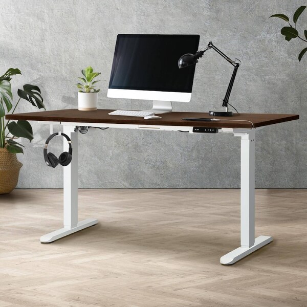 Oikiture 160cm Electric Standing Desk Single Motor Height Adjustable Motorised Sit Stand Desk Rise White and Walnut