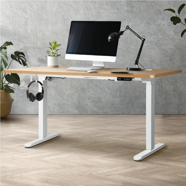 Oikiture 150CM Electric Standing Desk Single Motor White and Oak