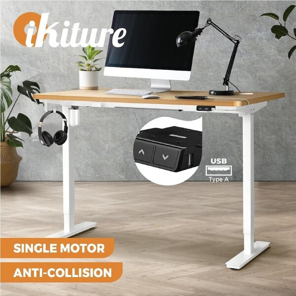 Oikiture 120cm Electric Standing Desk Single Motor White and Oak