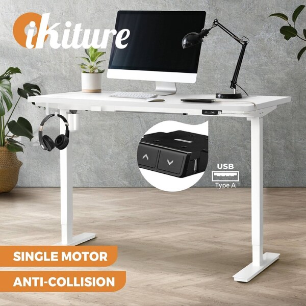 Oikiture 120cm Electric Standing Desk Single Motor White and White