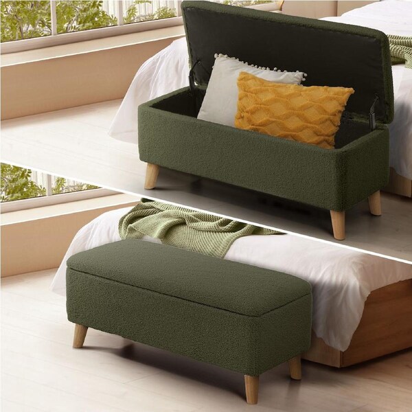 Oikiture Storage Ottoman Bench Blanket Box Chest Toy Foot Stool Boucle Velvet Sherpa Green