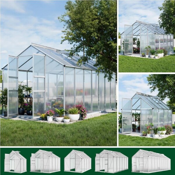 1X Green Fingers Greenhouse Aluminium Green House Polycarbonate Storage Garden Shed 3.1MX1.9MX2.0M