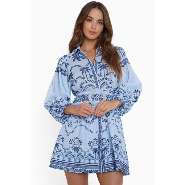 Isla Blue Print Short Dress with Matching Belt – Feminine Flair, Perfectly Cinched S
