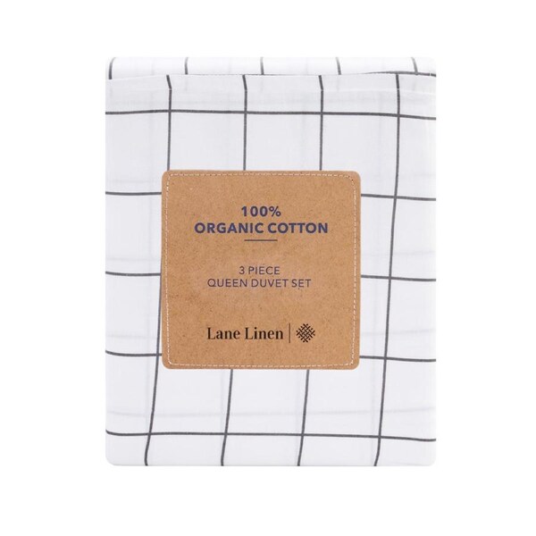 100% Organic Washed Cotton Quilt Cover Set - Windowpane Charcoal Single