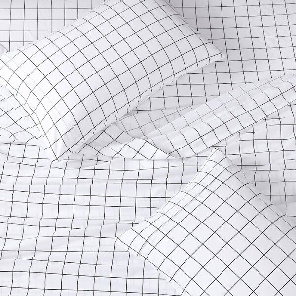 100% Organic Washed Cotton Sheet Set - Windowpane Charcoal Queen
