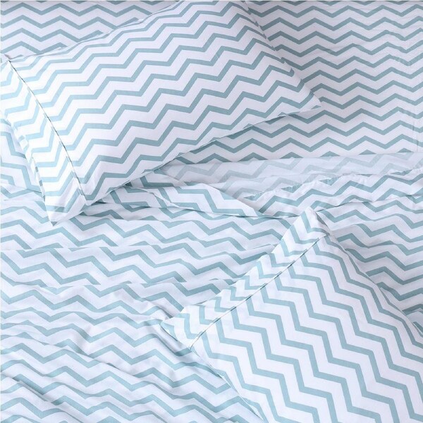 100% Organic Washed Cotton Sheet Set - Chevron Blue Single