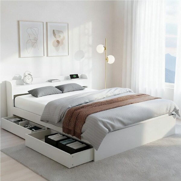 Artiss Bed Frame with Charging Ports and 2 Drawers White - Double