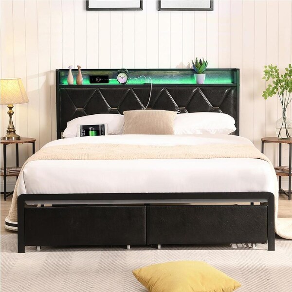 1 x Levede Bed Frame PU with Storage, LED & Charging Station Double/Queen King