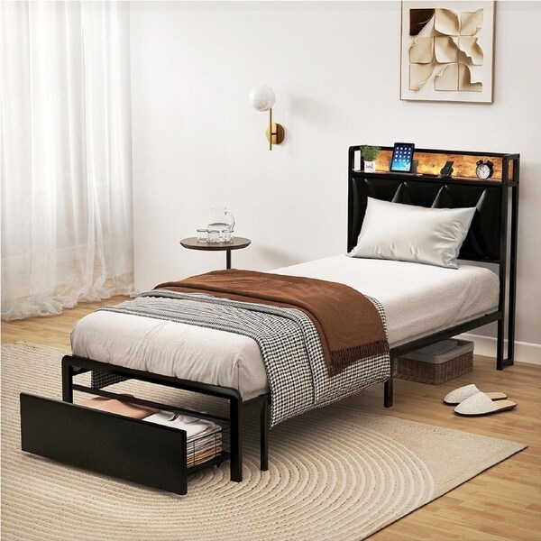1 x Levede Bed Frame PU with Storage, LED & Charging Station Double/Queen Single
