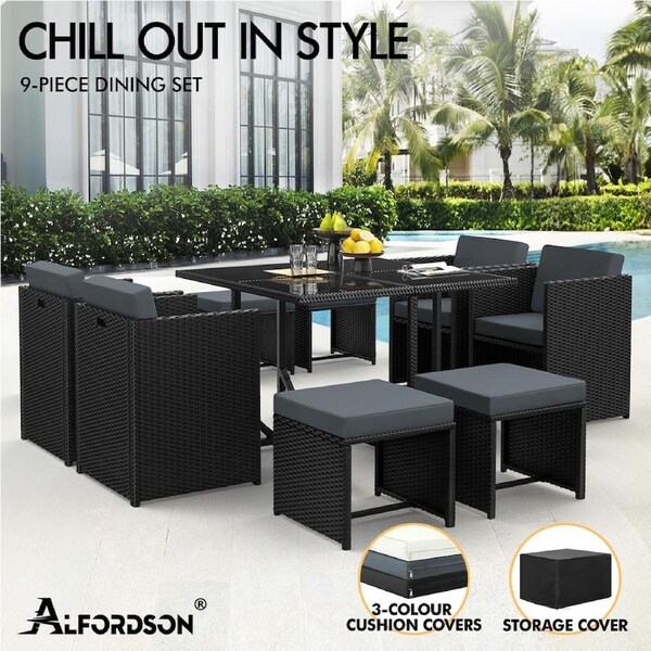 ALFORDSON Outdoor Dining Set 5/9/11/13 PCS Table Chairs Patio Wicker Furniture 9 PCS Set