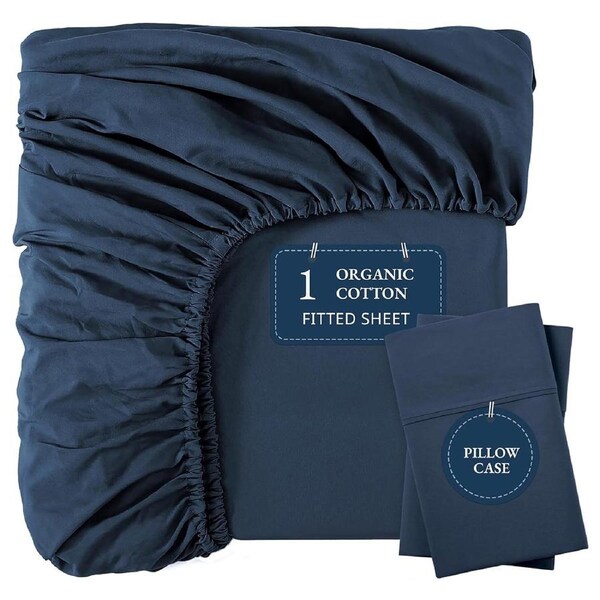 100% Organic Washed Cotton Fitted Sheet Set - Estate Blue King Single