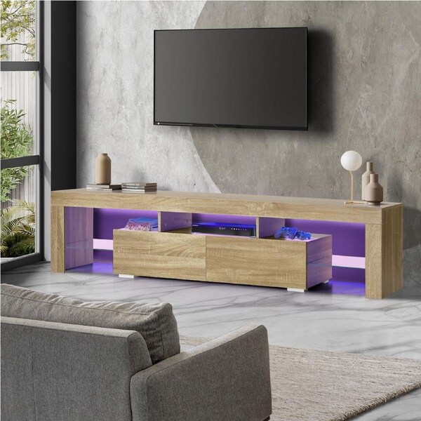 Oikiture Entertainment Unit TV Cabinet Stand LED RGB Gloss 180cm Natural