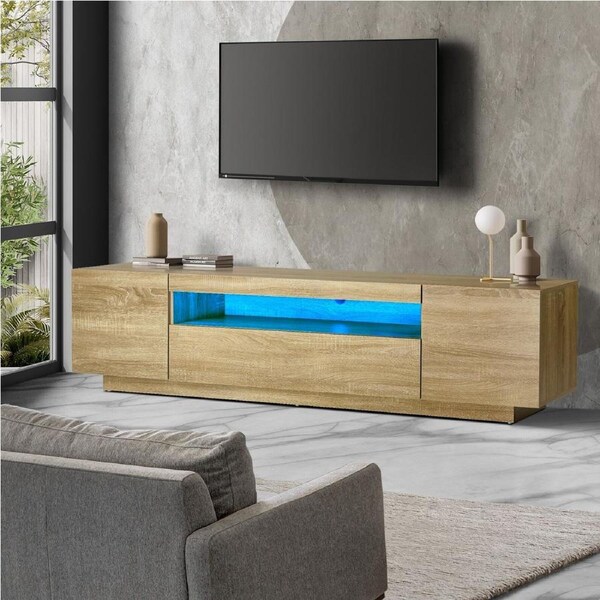 Oikiture TV Cabinet Entertainment Unit LED RGB High Gloss 180cm Natural