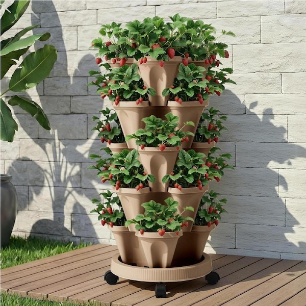 Green Fingers Garden Bed 5 Tier Vertical Garden Strawberry Stackable Planters Herbs Petunias White Dark Green Dark Yellow