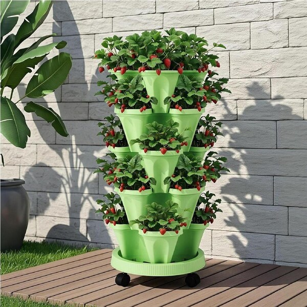 Green Fingers Garden Bed 5 Tier Vertical Garden Strawberry Stackable Planters Herbs Petunias White Dark Green Light Green