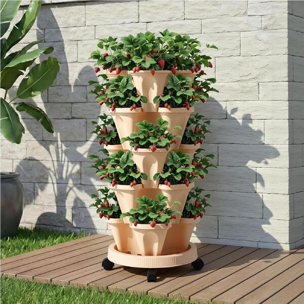 Green Fingers Garden Bed 5 Tier Vertical Garden Strawberry Stackable Planters Herbs Petunias White Dark Green Light Yellow
