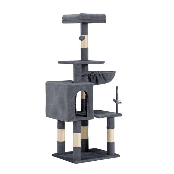 Petzly Cat Tree Tower Scratching Post Scratcher Condo 125cm Beige/Dark Grey/Grey Dark Grey