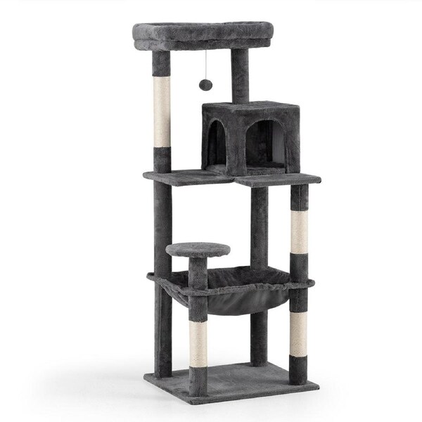 Petzly Cat Tree Tower Scratching Post Scratcher Condo 142cm Beige/Dark Grey/Grey Dark Grey