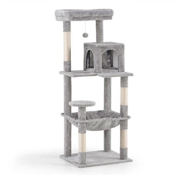 Petzly Cat Tree Tower Scratching Post Scratcher Condo 142cm Beige/Dark Grey/Grey Grey