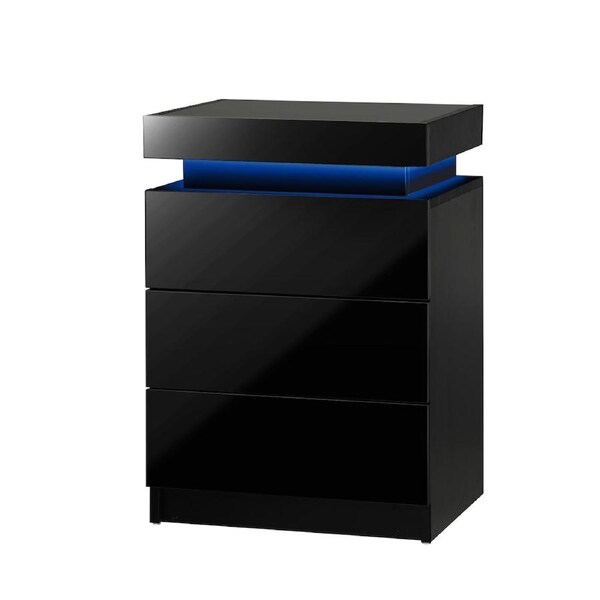 Oikiture Bedside Table RGB LED Nightstand Cabinet 2/3 Drawers Side Table Model 1- 3 Drawers-Black