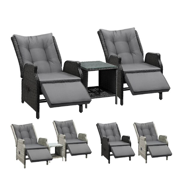 Livsip Recliner Chairs Sun Lounge Outdoor Furniture Wicker Sofa Set Patio Garden Recliner chair+Table-Black