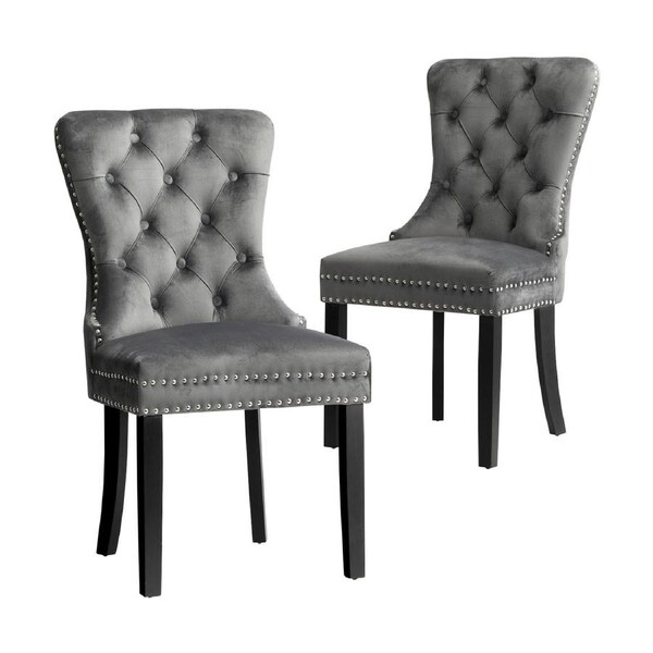 Oikiture 2x Velvet/PU Leather Dining Chairs Upholstered French Provincial Tufted Velvet Grey x2
