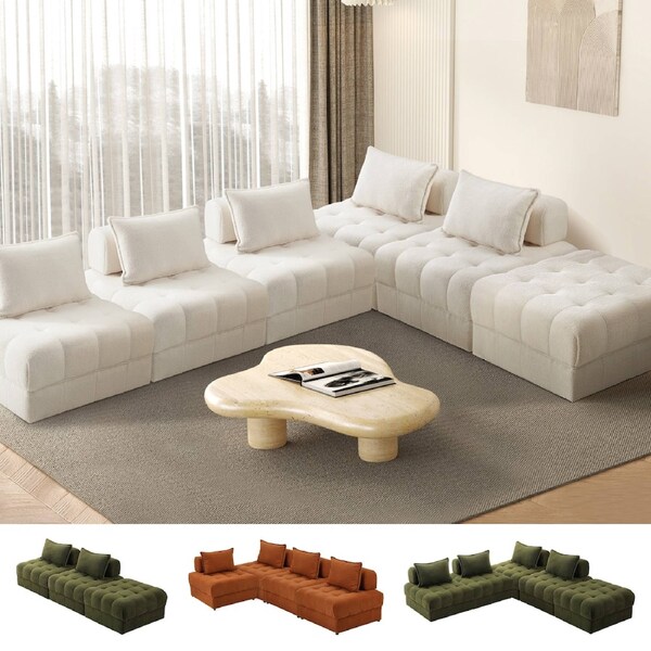 Oikiture 1-6 Seater Boucle/Velvet Modular Sofa & Ottoman Set Armless TOFU Back 4 Sofa Chairs + 1 Ottoman/White