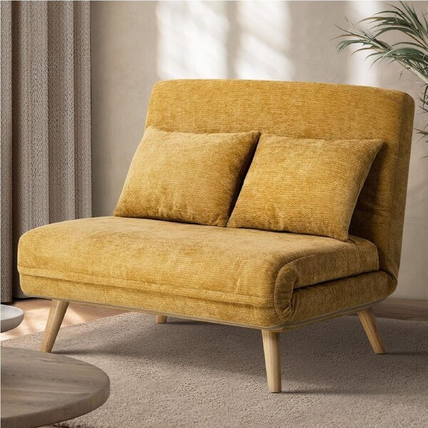 Oikiture Folding Sofa Lounge Single Bed Double Seat Adjustable Chair Recliner Chaise Chenille/Yellow