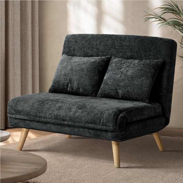 Oikiture Folding Sofa Lounge Single Bed Double Seat Adjustable Chair Recliner Chaise Chenille/Charcoal