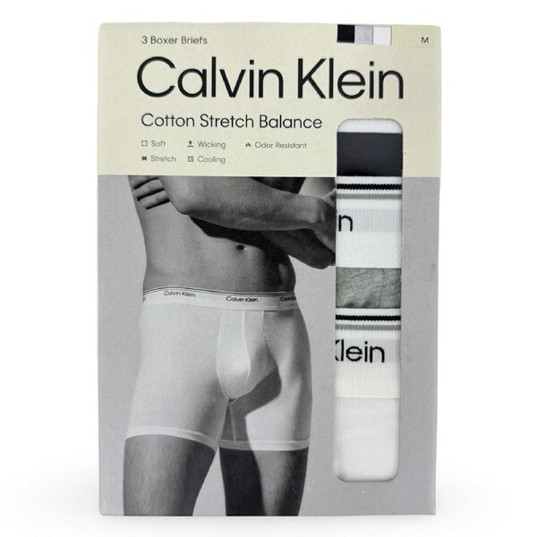 Calvin Klein Men’s Cotton Stretch Balance Boxer Briefs 3 Pack – Black/Grey/White M