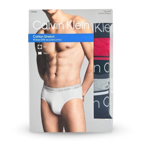Calvin Klein Men's Cotton Stretch Hip Brief 3 Pack - Black/Red/Grey L