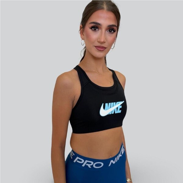 Nike Women’s Dri-FIT Swoosh Icon Clash Medium-Support Sports Bra – Black/Blue M