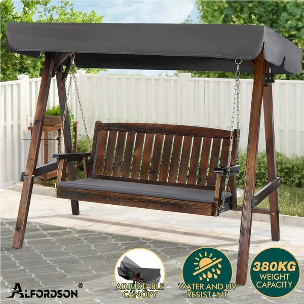 ALFORDSON Swing Chair Outdoor Furniture Wooden Garden Patio Bench Seat Canopy Charcoal / 3 Seater