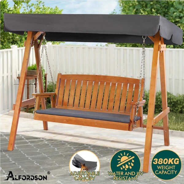 ALFORDSON Swing Chair Outdoor Furniture Wooden Garden Patio Bench Seat Canopy Teak / 3 Seater