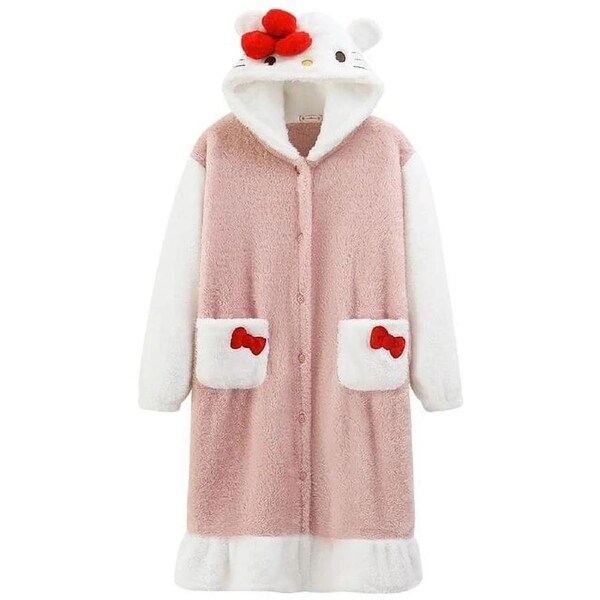 Hello Kitty Fleece Robe Hooded Blanket Winter Pajamas Cartoon Bathrobe Oodie L