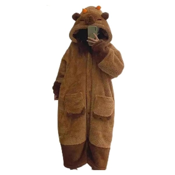 Capybara Fleece Robe & Pants Hooded Blanket Winter Pajamas Cartoon Bathrobe Oodie L